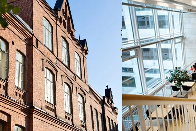 Socialhögskolans tegelfasad och interiörbild på trappa från Fakulteten för  Hälsa och samhälles trappa i Malmö